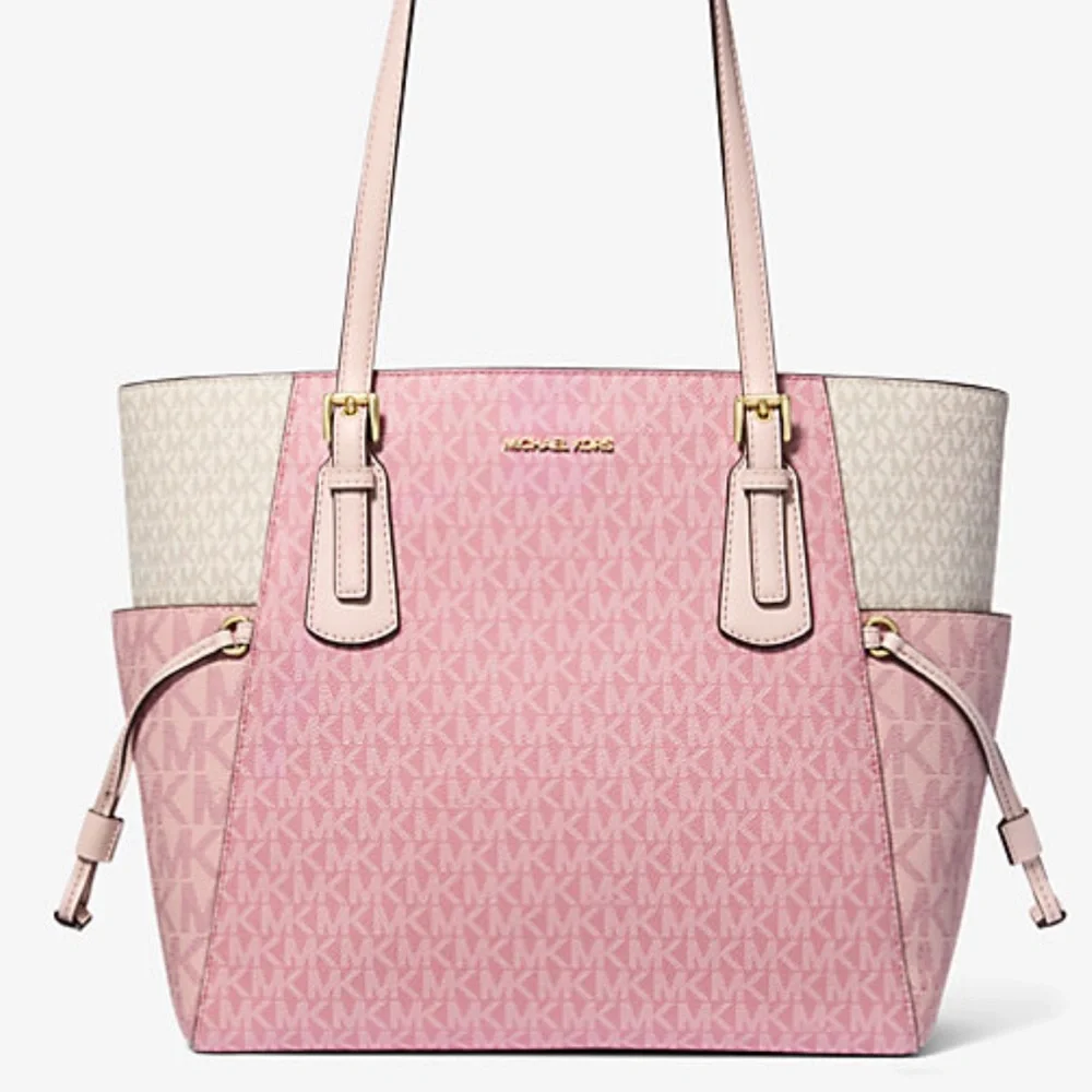 Michael Kors Voyager Large Color-Block Signature Logo Tote Bag Powder Blush Mult